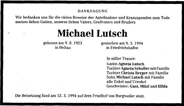 Lutsch Michael 1923-1994 Todesanzeige